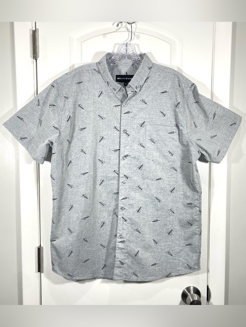 Molokai Surf Co. Gray Paper Airplane Print Button-Up Shirt Casual Beach
